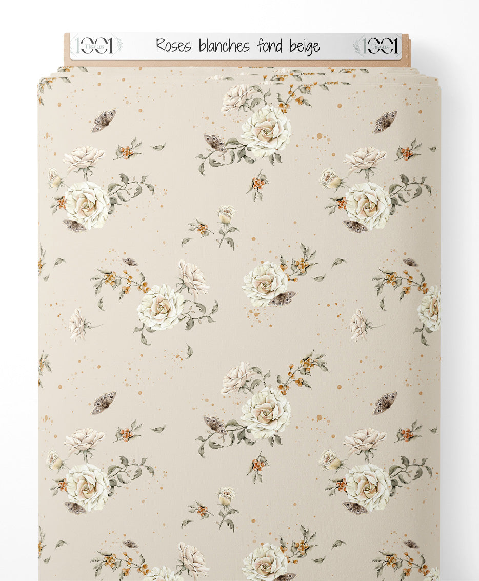 Tissu - Roses blanches sur fond beige