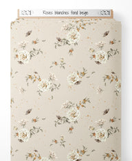 Tissu - Roses blanches sur fond beige