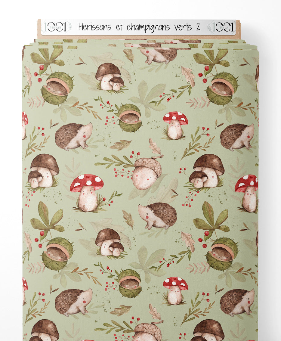 Tissu - Hérissons et champignons verts 2