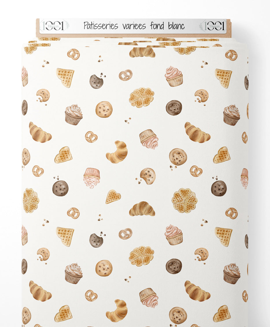 Tissu - Pâtisseries variées sur fond blanc