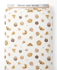 Tissu - Pâtisseries variées sur fond blanc