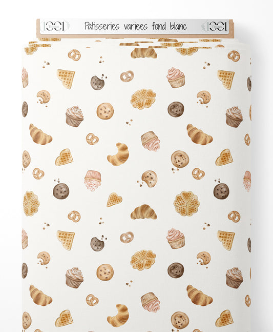 Tissu - Pâtisseries variées sur fond blanc