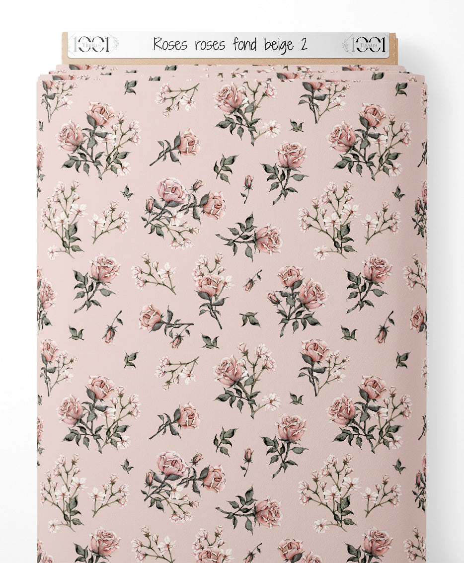 Tissu - Roses roses sur fond beige 2