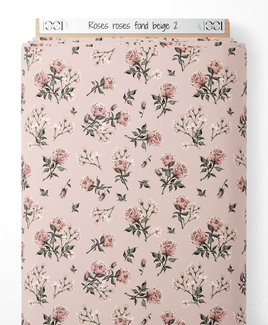 Tissu - Roses roses sur fond beige 2