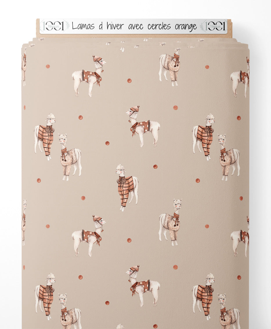 Tissu - Lamas d'hiver avec cercles orange
