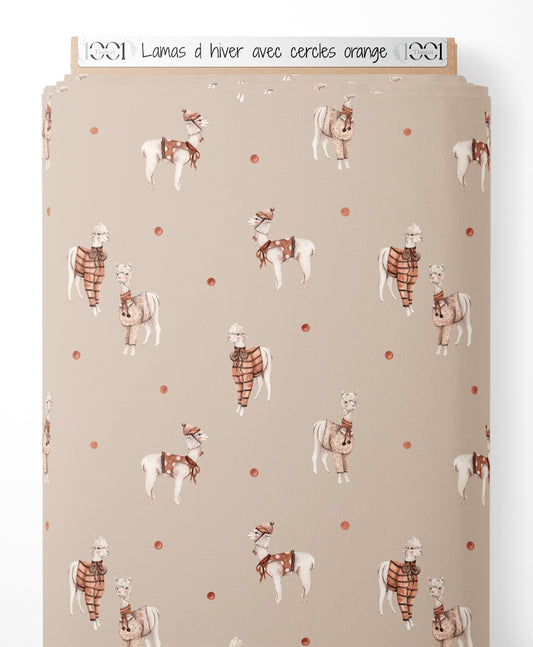 Tissu - Lamas d'hiver avec cercles orange