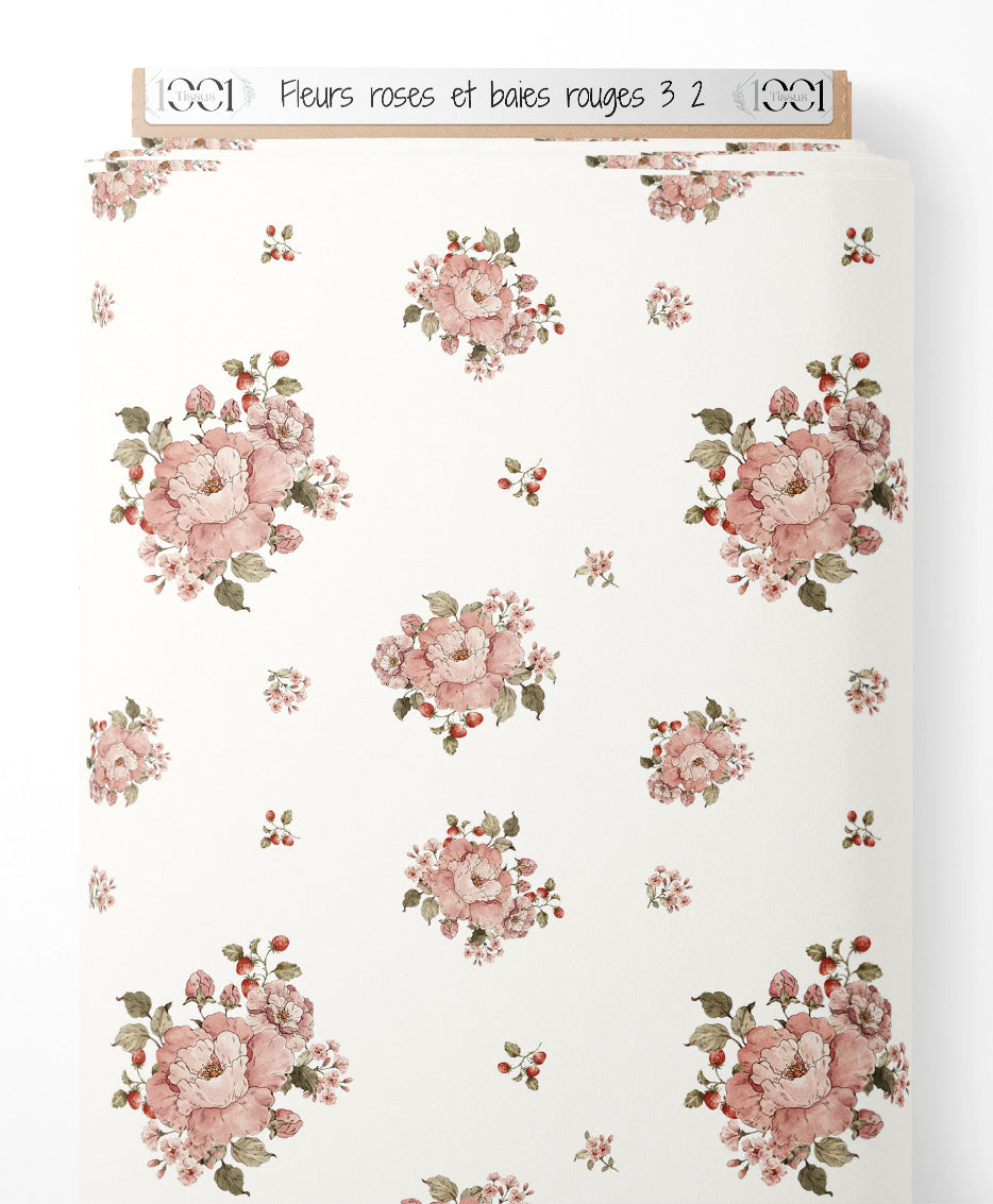 Tissu - Fleurs roses et baies rouges 3 2