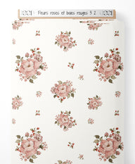 Tissu - Fleurs roses et baies rouges 3 2