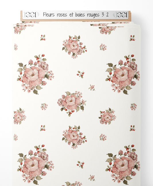 Tissu - Fleurs roses et baies rouges 3 2
