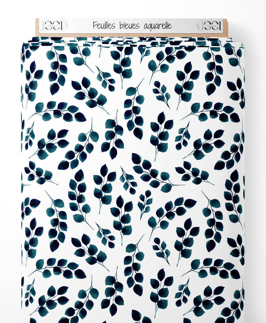 Tissu - Feuilles bleues aquarelle