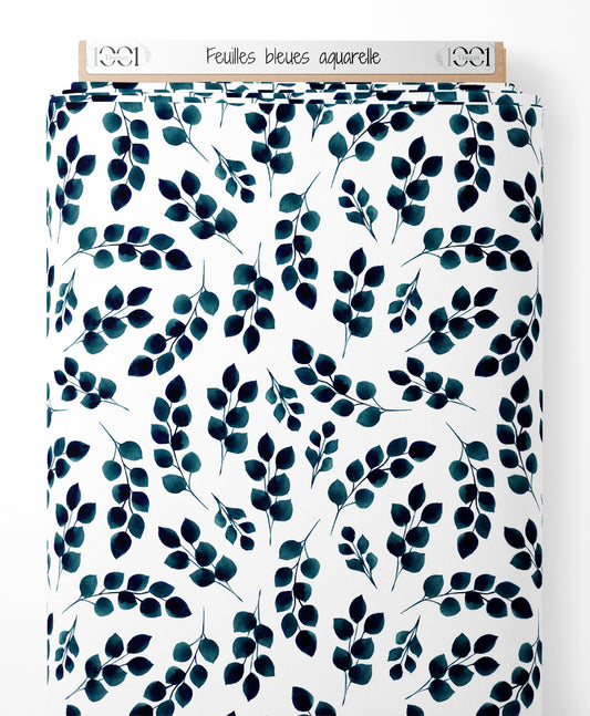 Tissu - Feuilles bleues aquarelle