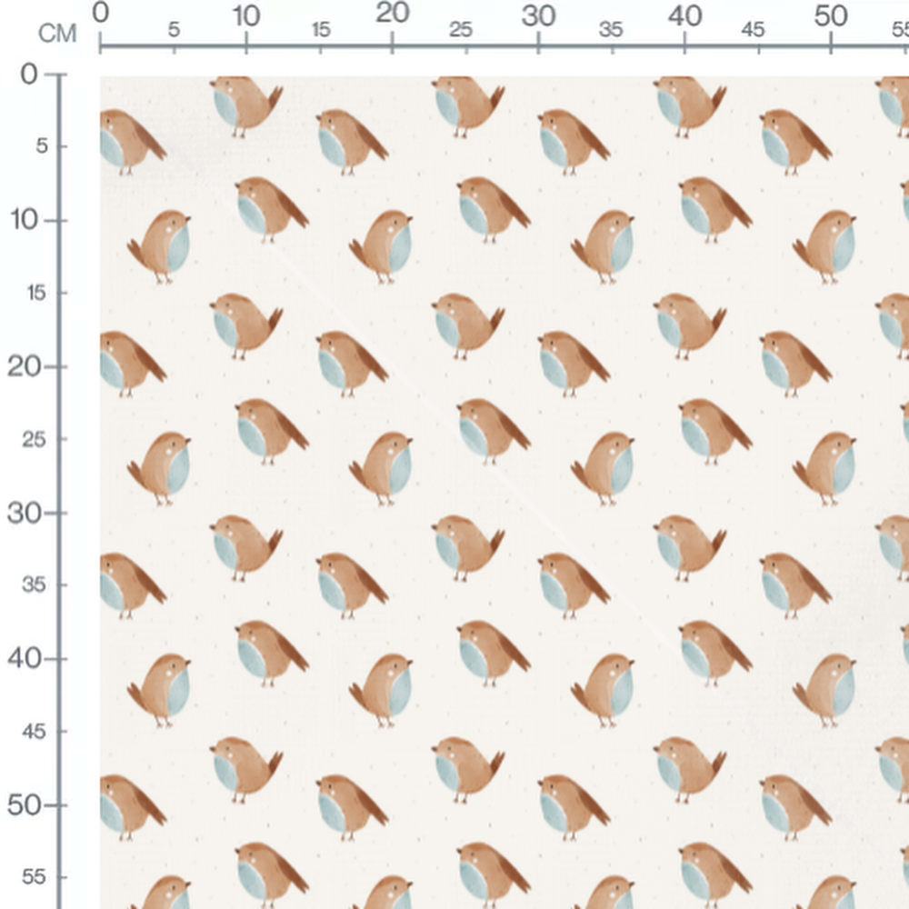 Tissu - Petits oiseaux marron et bleu