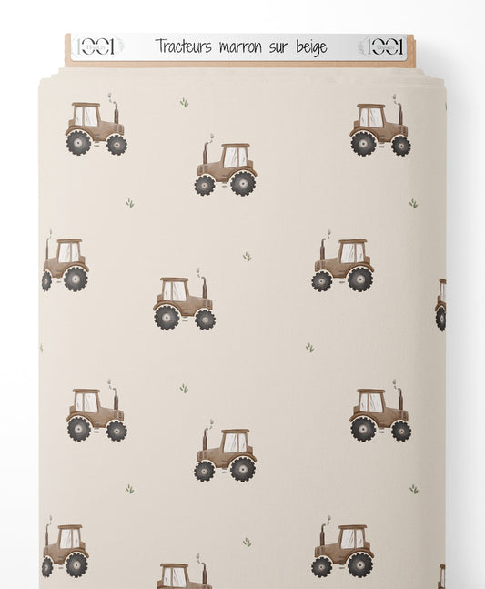 Tissu - Tracteurs marron sur beige