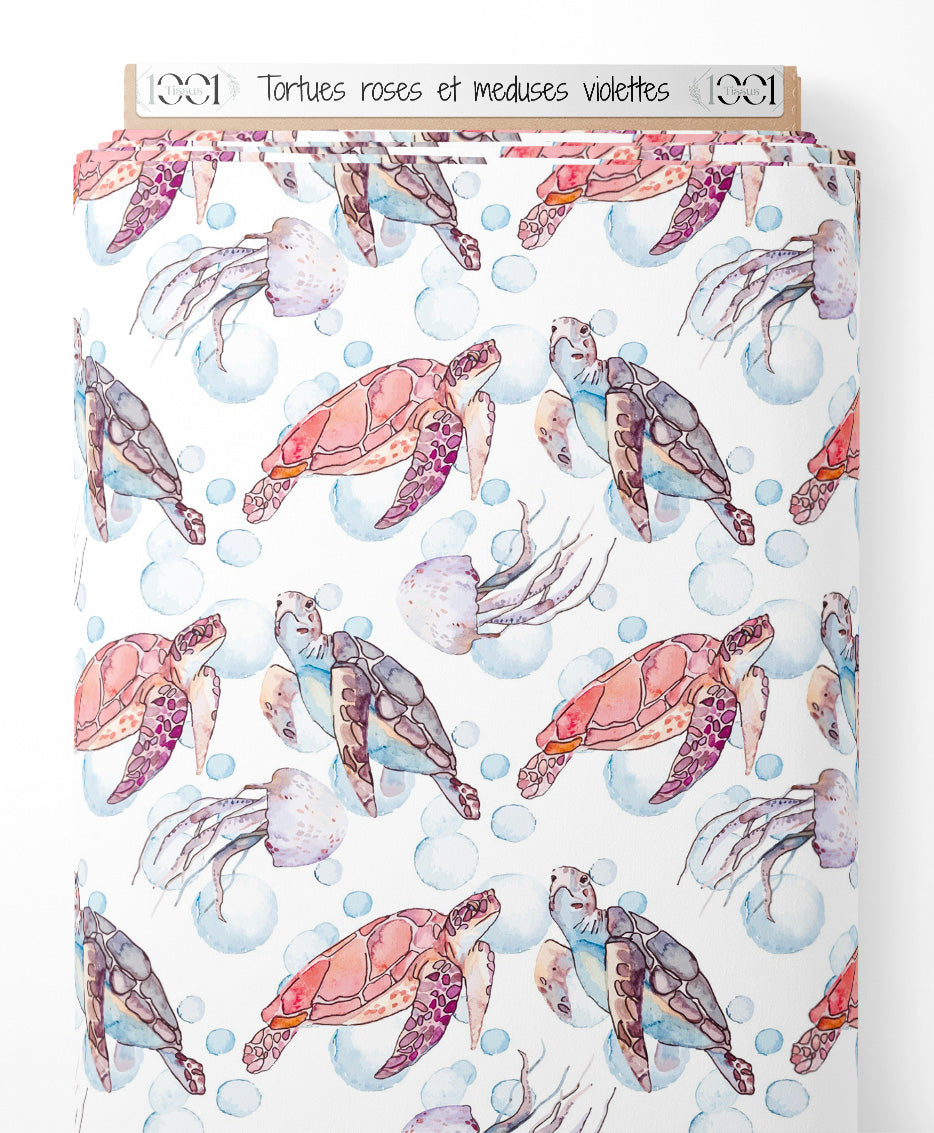 Tissu - Tortues roses et méduses violettes