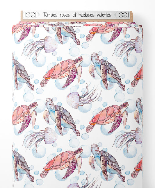 Tissu - Tortues roses et méduses violettes