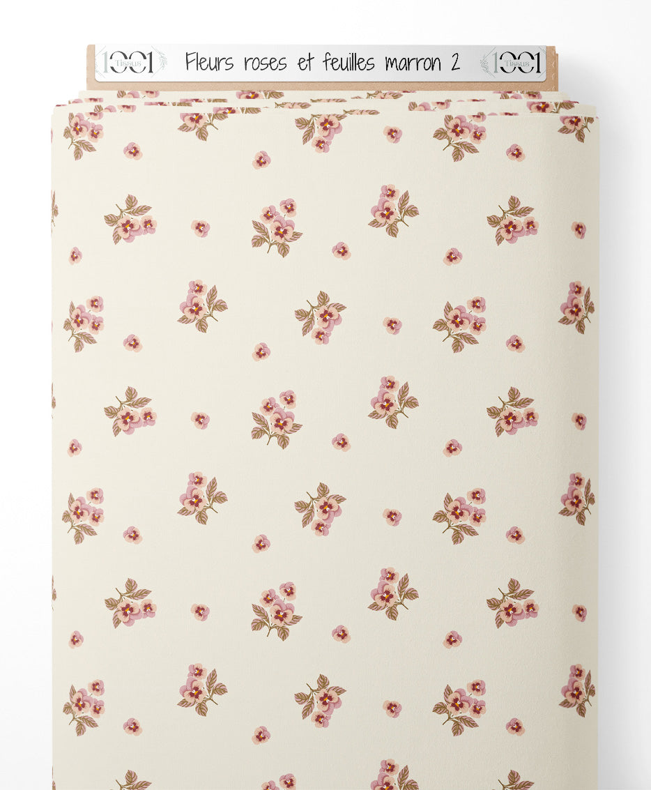 Tissu - Fleurs roses et feuilles marron 2