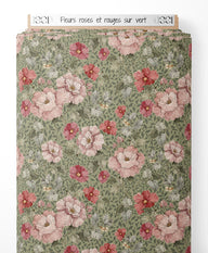 Tissu - Fleurs roses et rouges sur vert