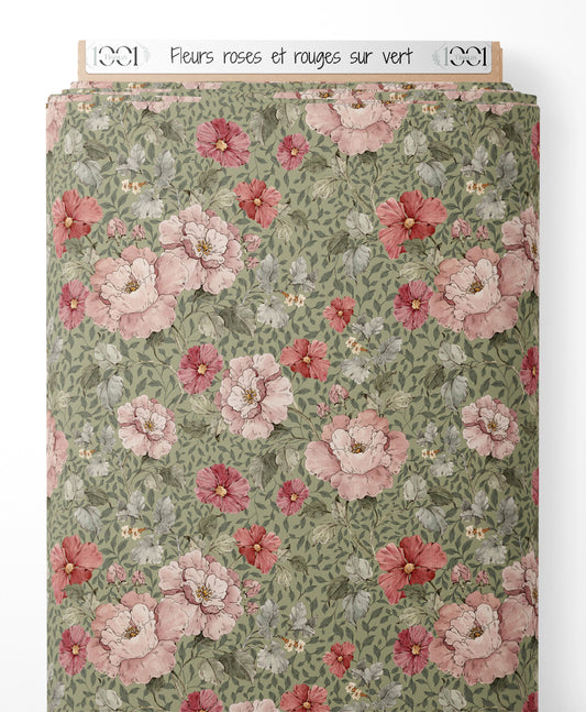 Tissu - Fleurs roses et rouges sur vert