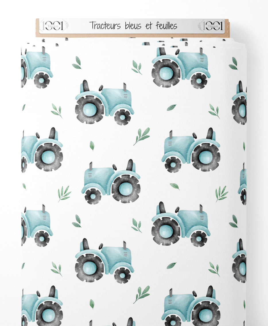 Tissu - Tracteurs bleus et feuilles