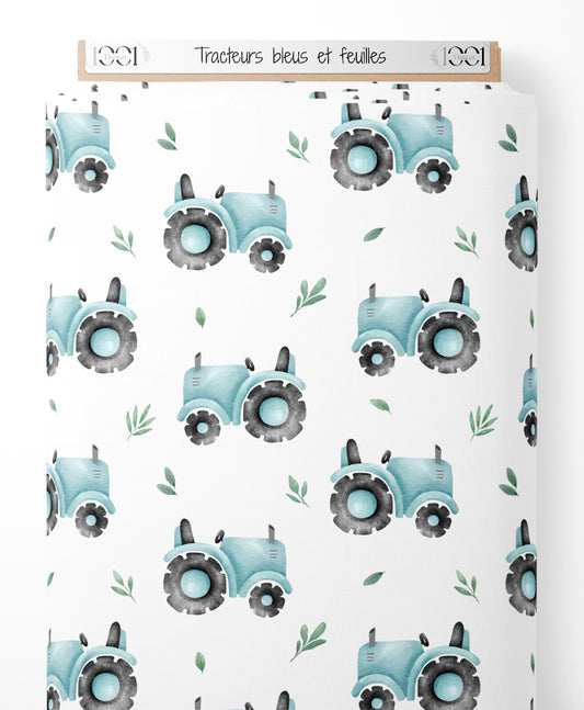 Tissu - Tracteurs bleus et feuilles