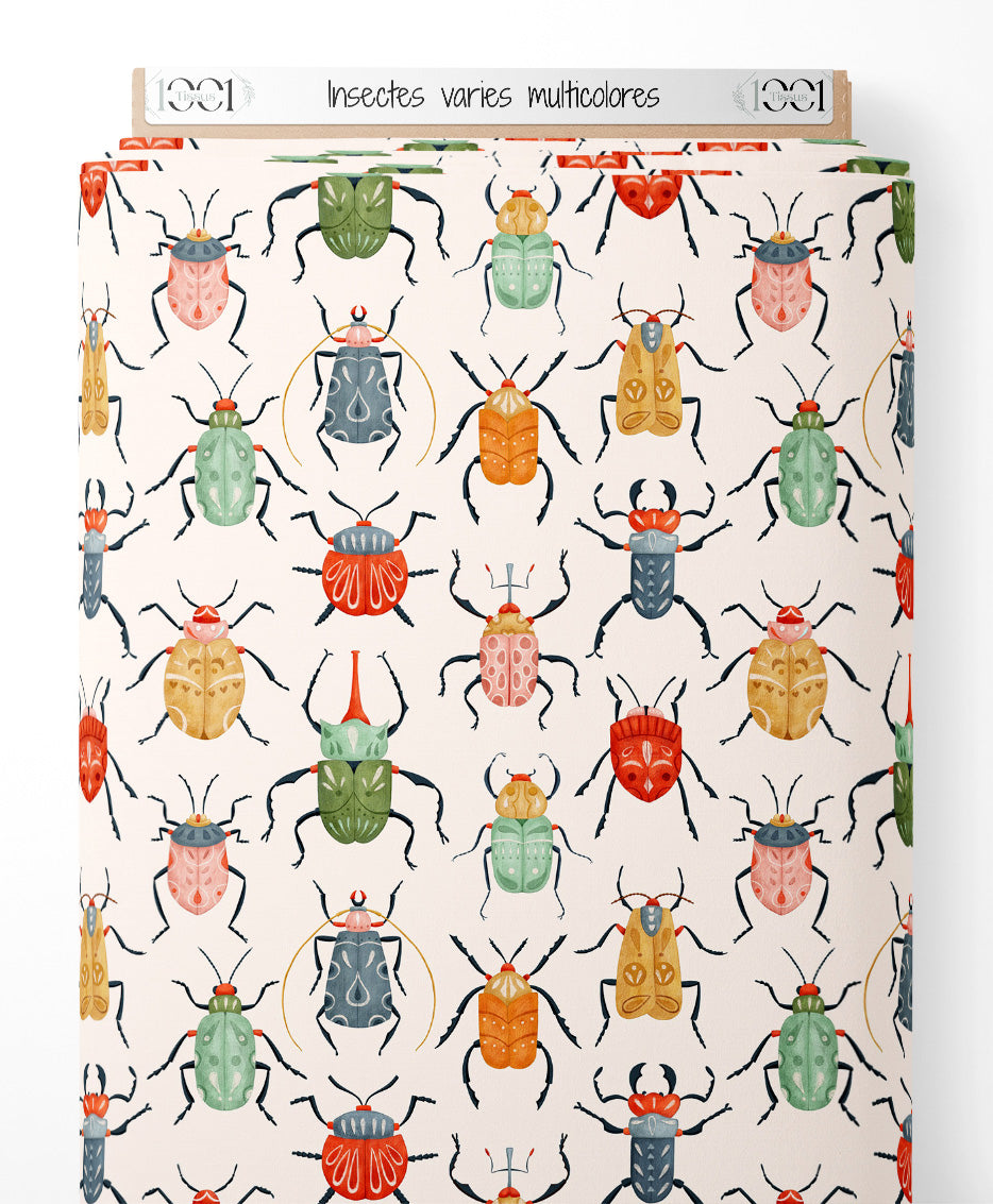 Tissu - Insectes variés multicolores