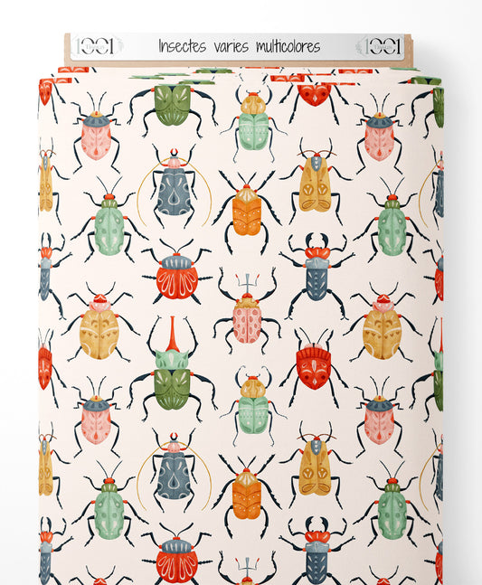 Tissu - Insectes variés multicolores