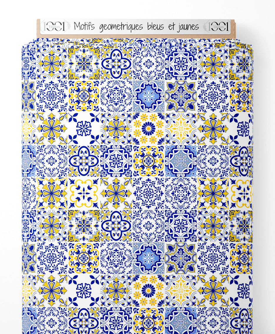 Tissu - Motifs géométriques bleus et jaunes