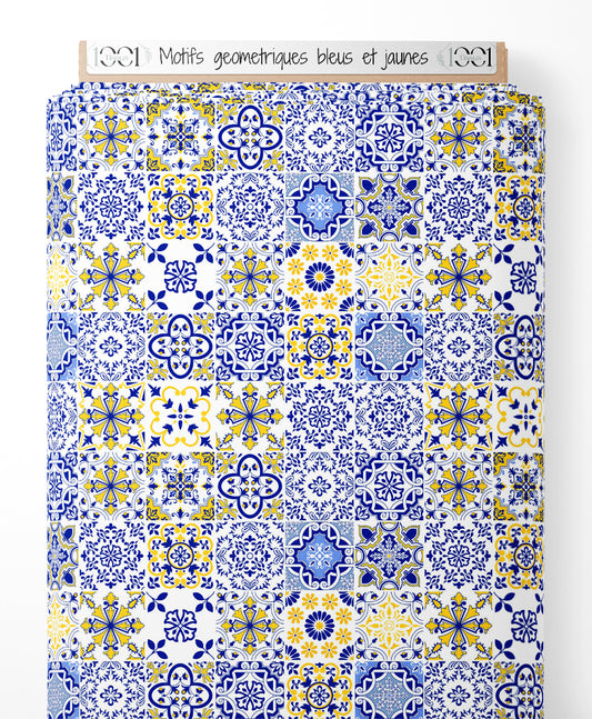 Tissu - Motifs géométriques bleus et jaunes