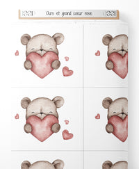 Tissu - Ours et grand cœur rose