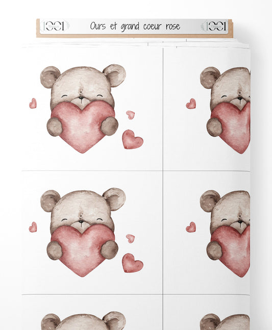 Tissu - Ours et grand cœur rose