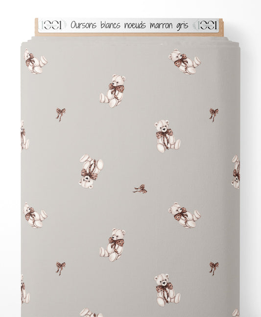 Tissu - Oursons blancs nœuds marron gris