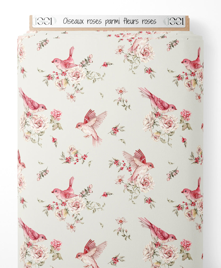 Tissu - Oiseaux roses parmi fleurs roses