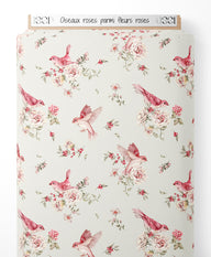 Tissu - Oiseaux roses parmi fleurs roses