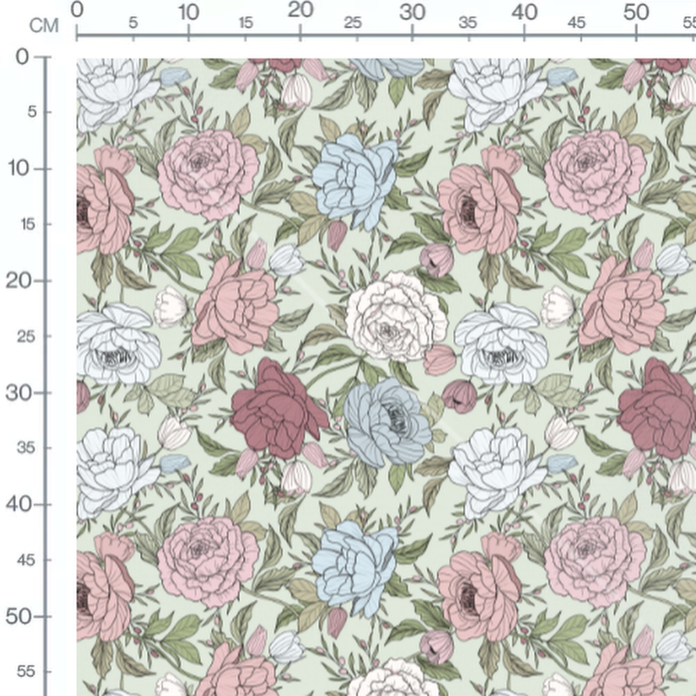 Tissu - Pivoines et feuillage pastel