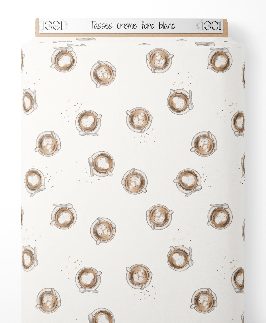 Tissu - Tasses crème sur fond blanc