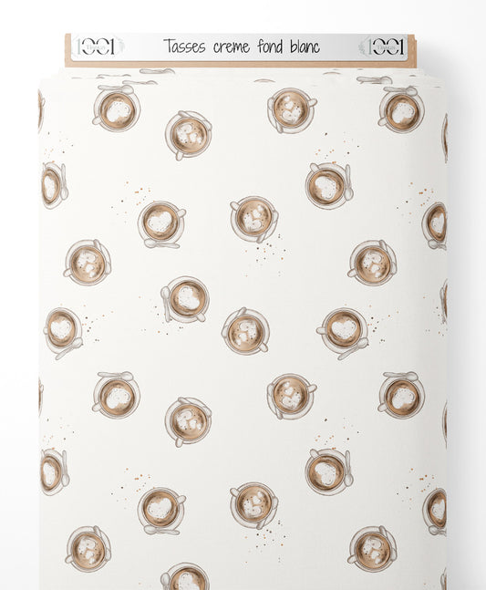 Tissu - Tasses crème sur fond blanc