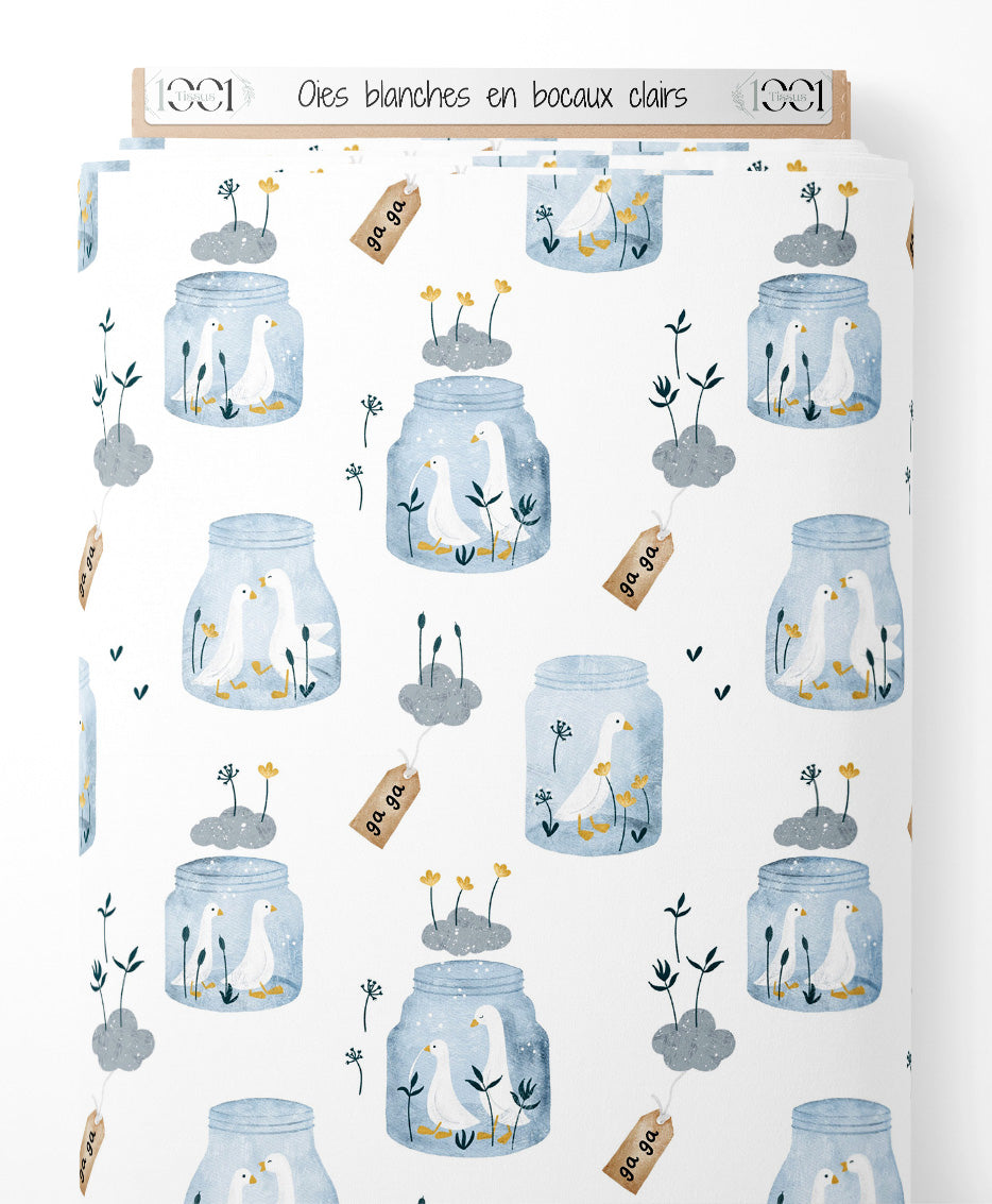 Tissu - Oies blanches en bocaux clairs