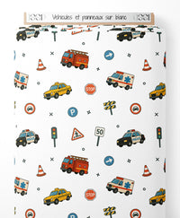 Tissu - Véhicules et panneaux sur blanc