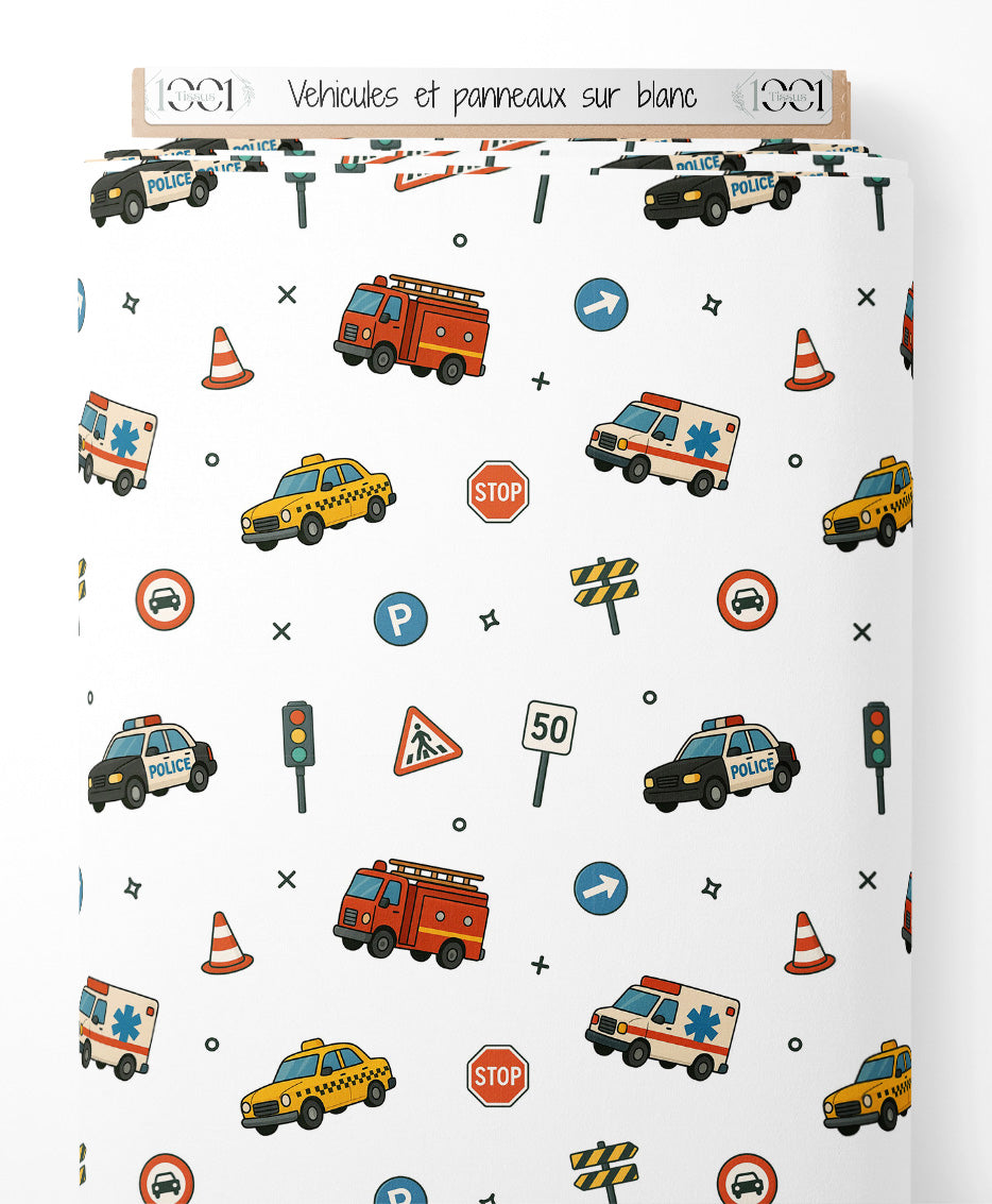 Tissu - Véhicules et panneaux sur blanc