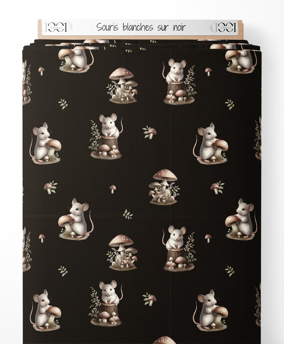 Tissu - Souris blanches sur noir