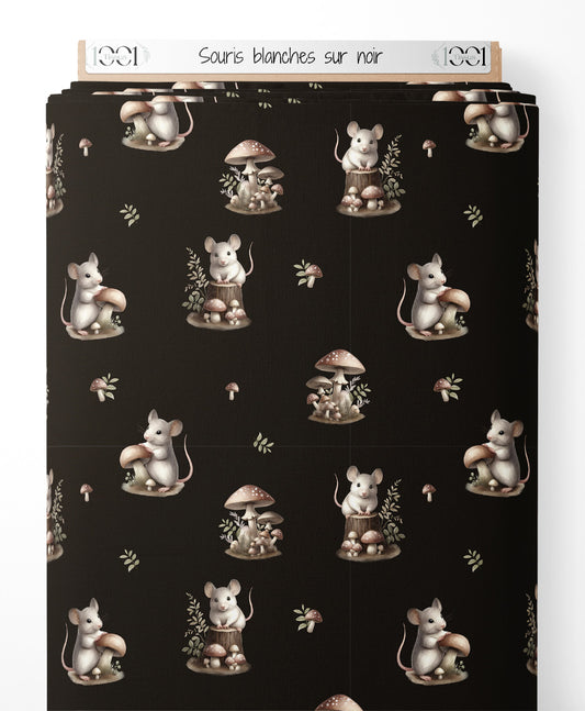 Tissu - Souris blanches sur noir