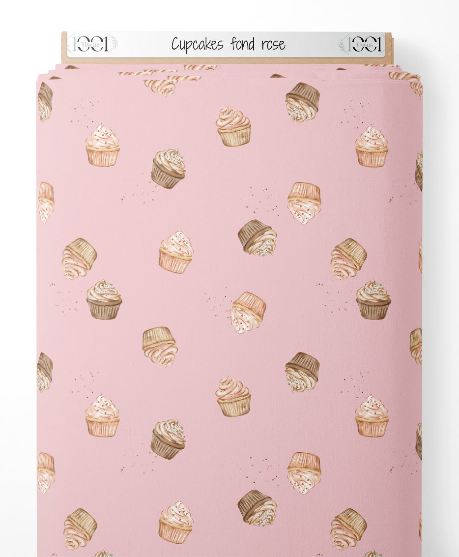 Tissu - Cupcakes sur fond rose