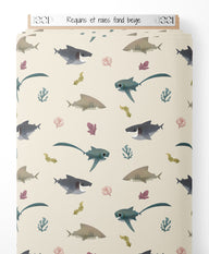 Tissu - Requins et raies sur fond beige