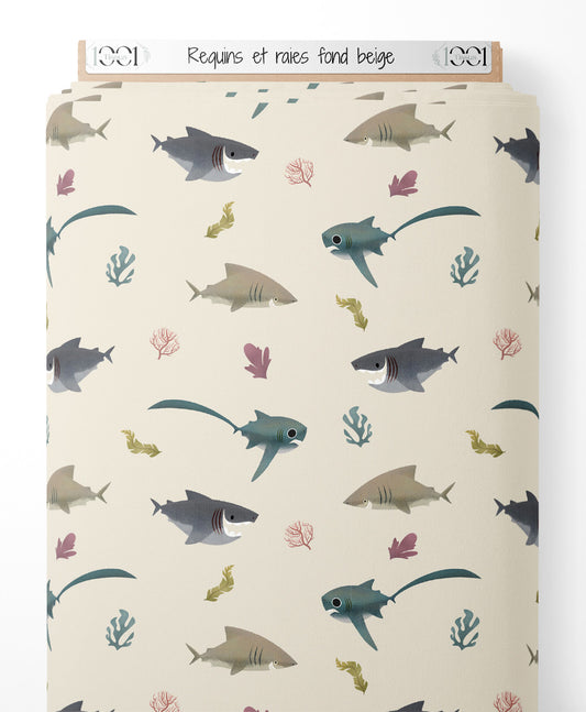 Tissu - Requins et raies sur fond beige