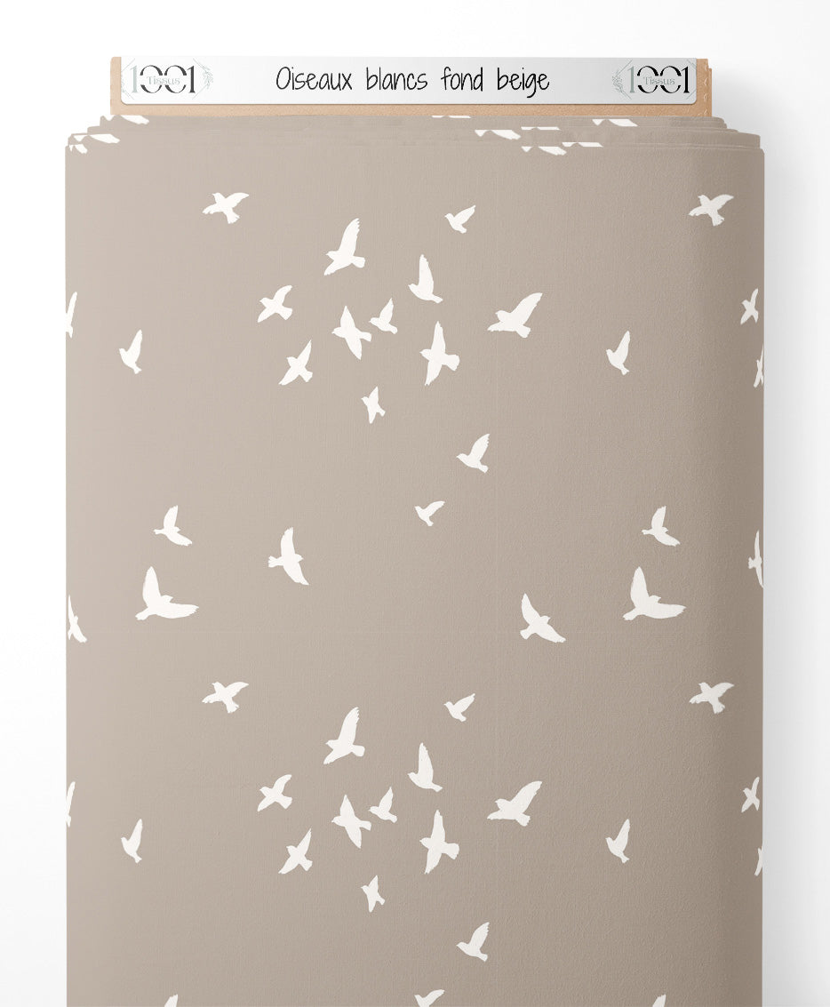 Tissu - Oiseaux blancs sur fond beige