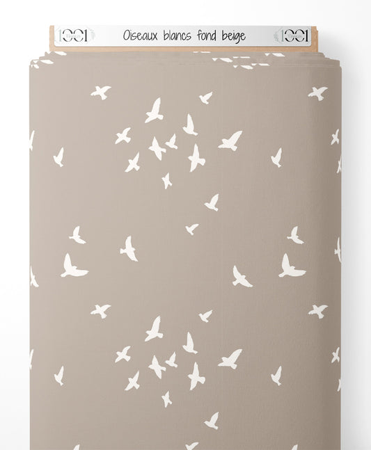 Tissu - Oiseaux blancs sur fond beige