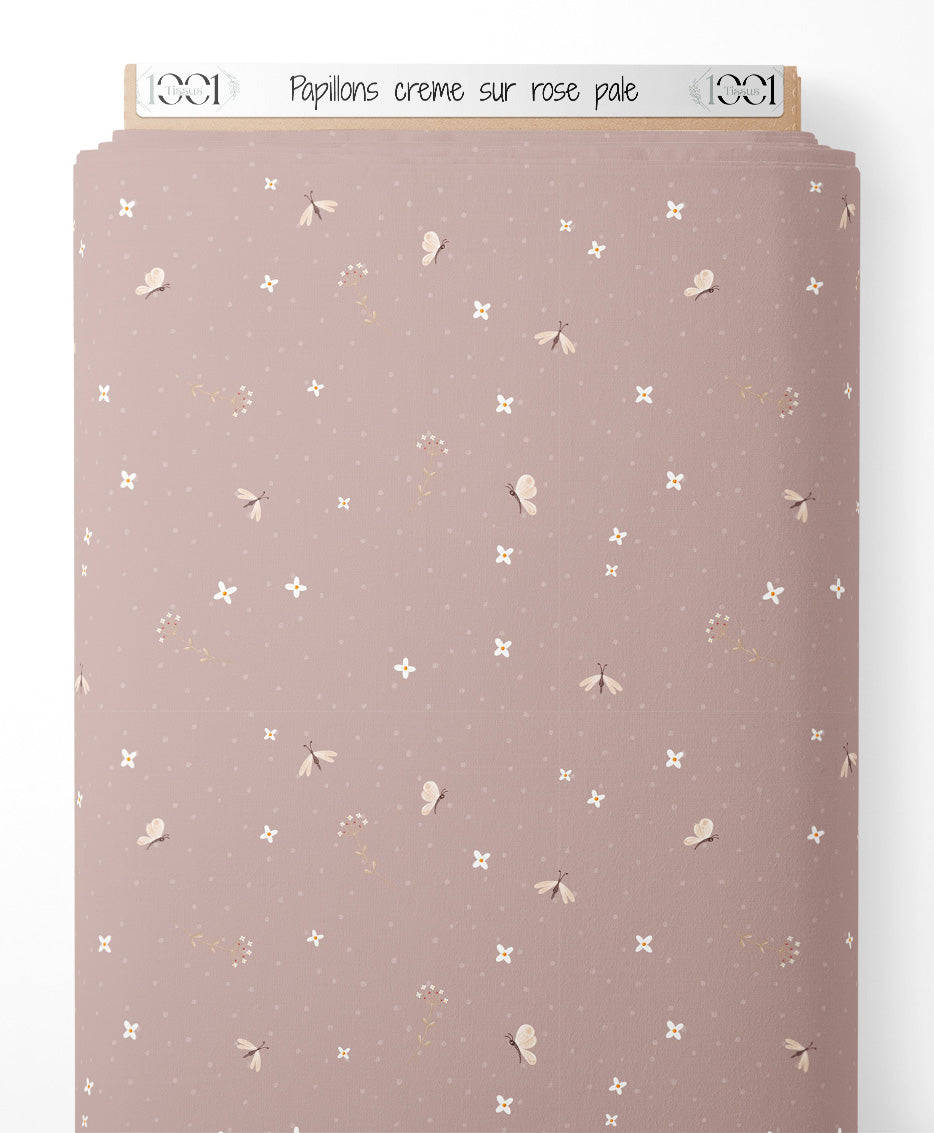 Tissu - Papillons crème sur rose pâle