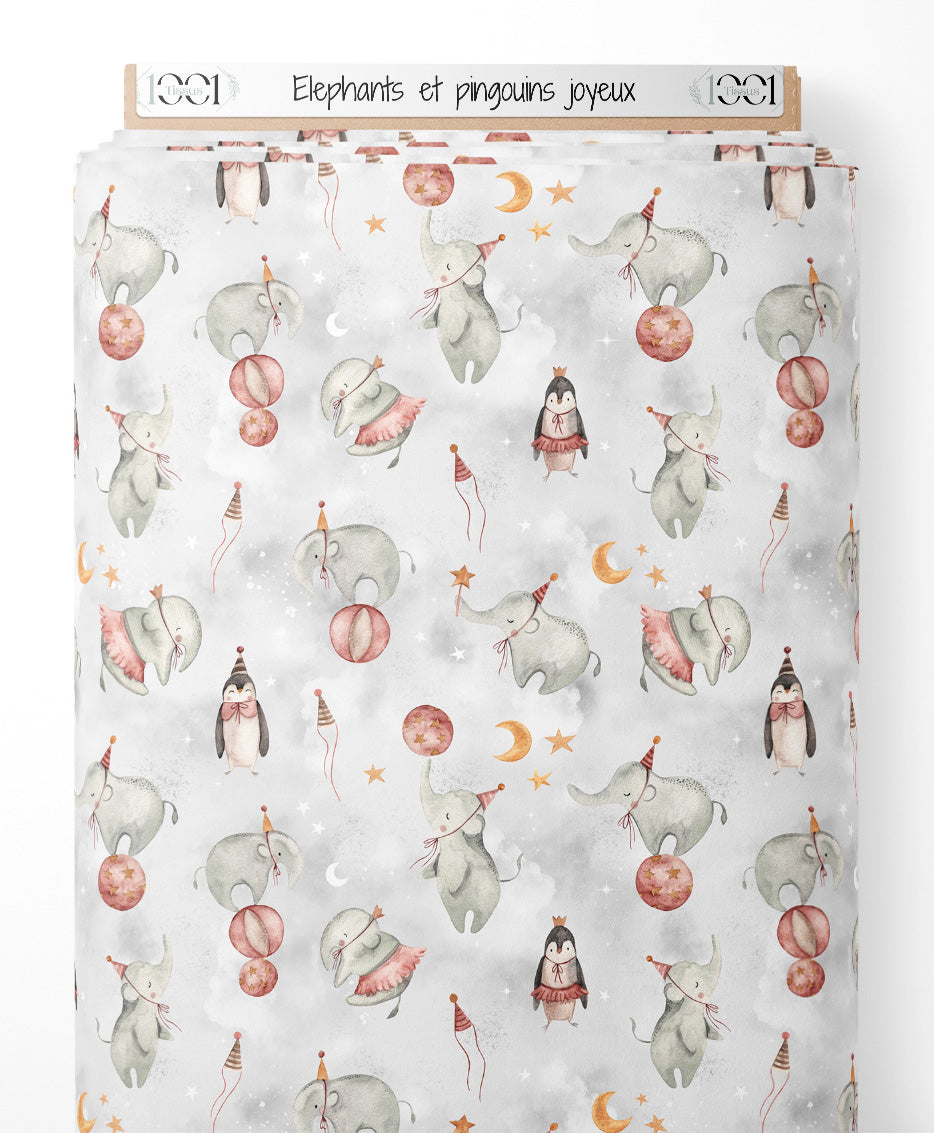 Tissu - Éléphants et pingouins joyeux