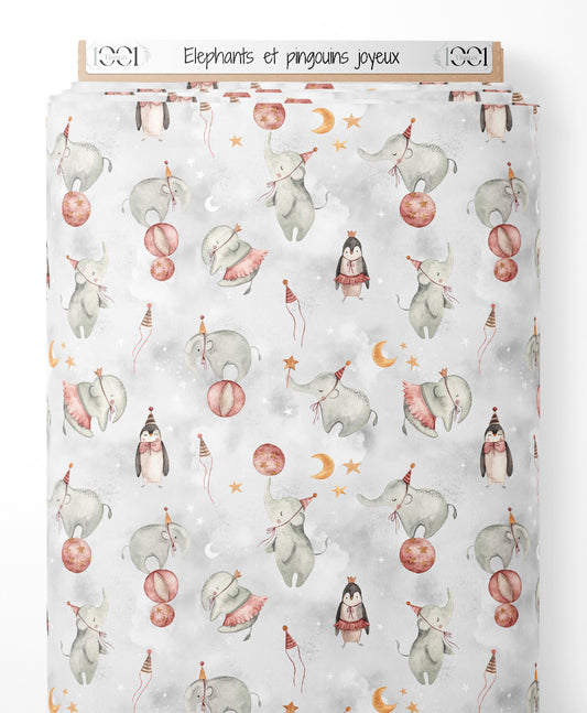 Tissu - Éléphants et pingouins joyeux