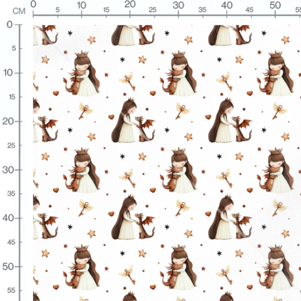 Tissu - Princesse et dragon sur blanc